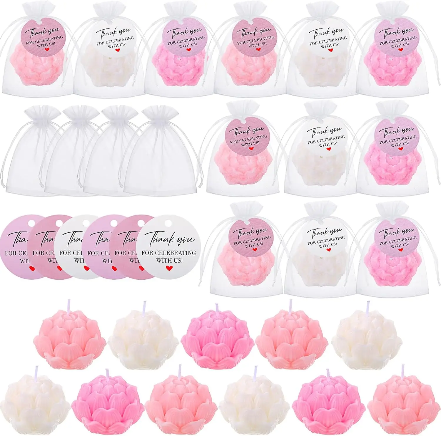 

Набор из 24 мини-свечей в форме лотоса для гостей, сувениры для вечеринки в честь рождения ребенка, включая 24 мини-свечи-фонарики с благодарственными бирками