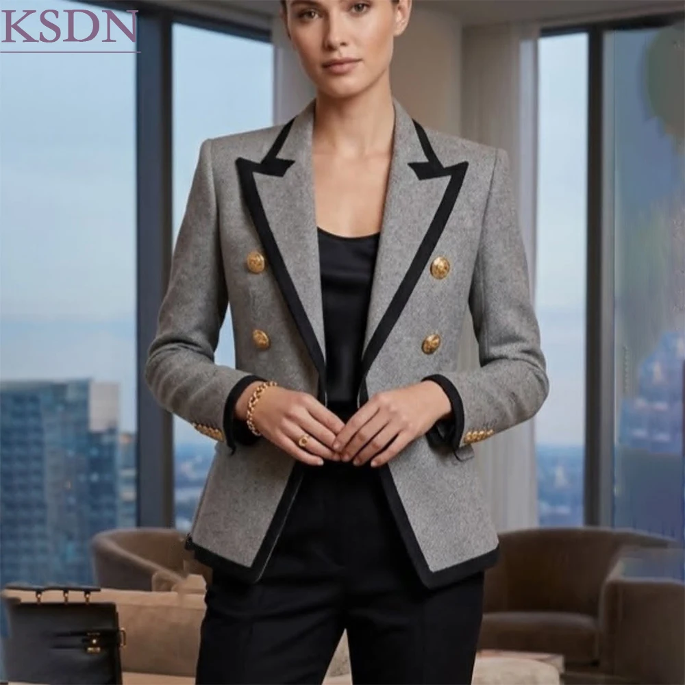 Women Suits Grey Double Breasted Blazer with Black Contrast Lapel Balmain 2 Piece Jacket Pants Office Lady Female Clothing