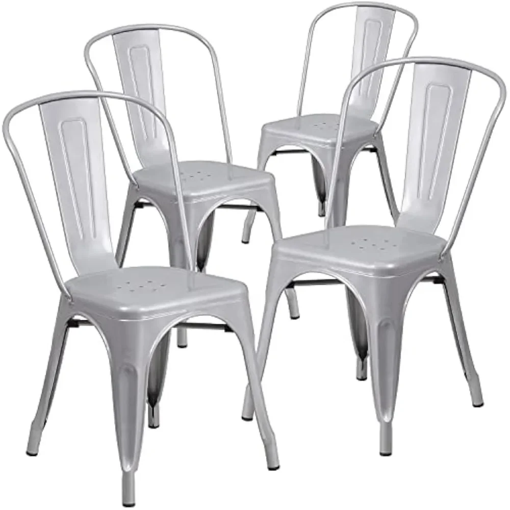 Beach Chairs, Commercial Grade 4 Pack Silver Metal Indoor-Outdoor Stackable Chair, Beach Chairs