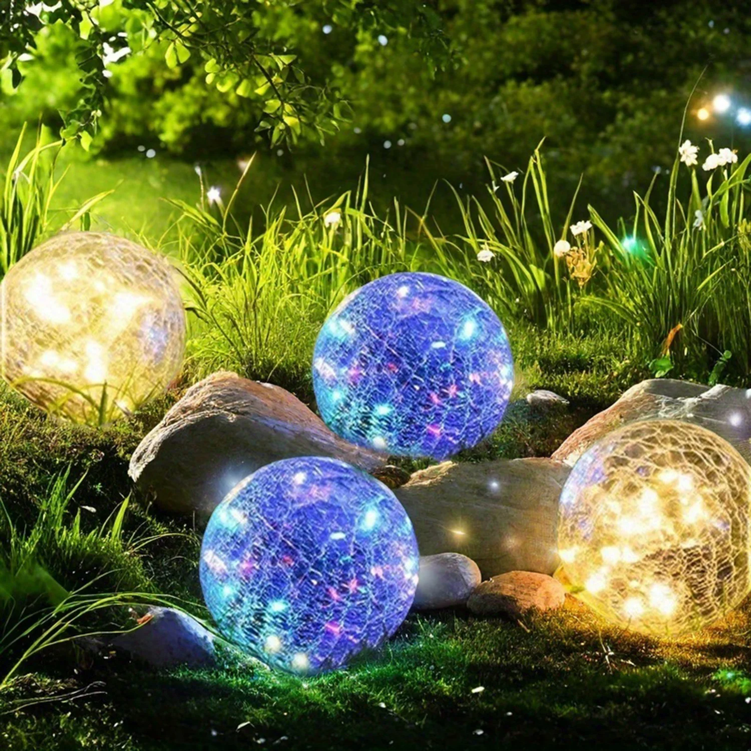 

1PC Solar Cracked Glass Ball Lights Outdoor, Warm White + RGB Color Changing IP65 Waterproof Garden Decor for Pathway/Lawn/Patio