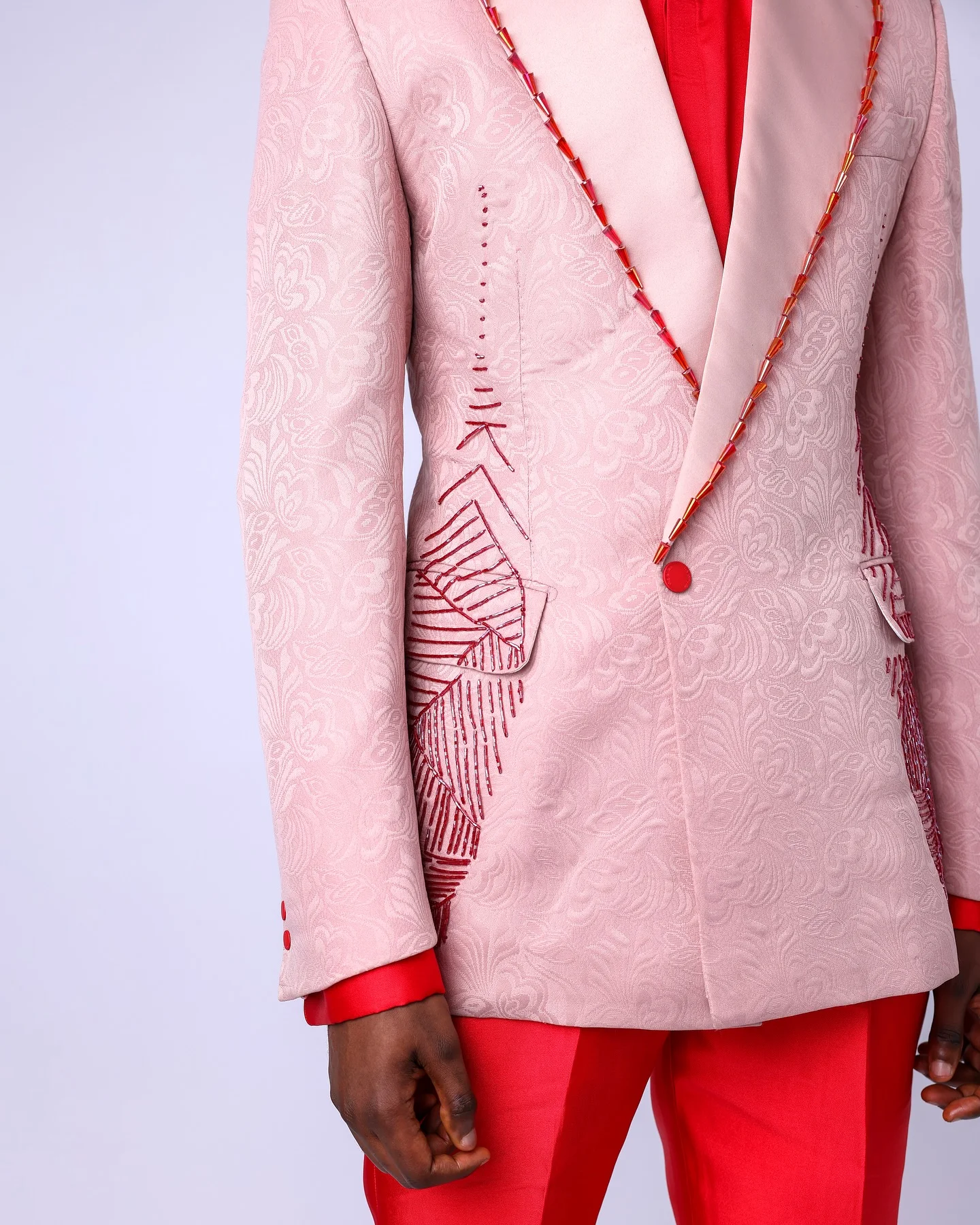 Pink Jacquard Men Suits Set 2 Pcs Crystals Blazer+Orange Pant Trousers Wedding Tuxedo Cotton Formal Office Groom Prom Jacket