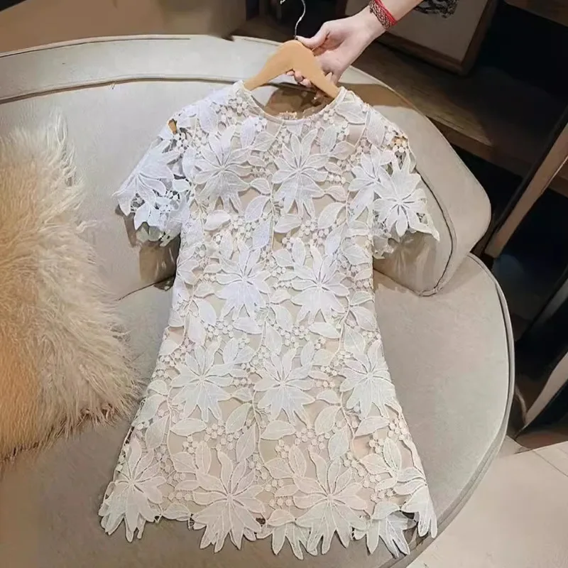 [oein] Small Fragrance, Hook Flower Embroidery Dress, Women's Summer High-end Feeling, French Light Luxury, Hollowed Out