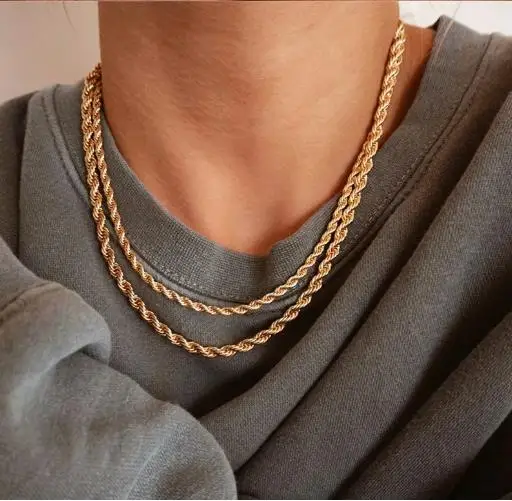 LUXUSTEEL 1pcs 2mm Width Stainless Steel Rope Chains Necklaces Pendants Women Men 18K Golden Plated No Fade Collars DIY Party