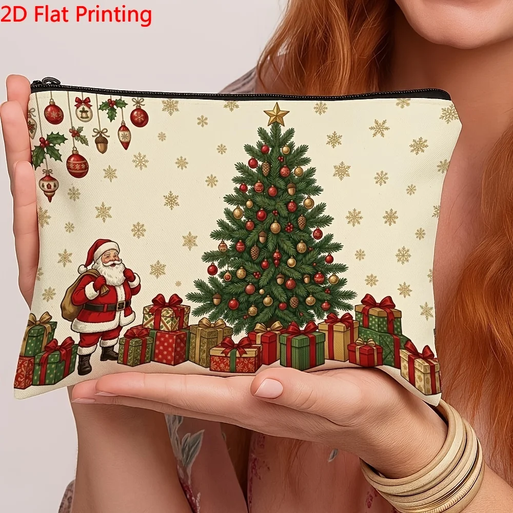 Vintage Santa Christmas Tree Gift Print Canvas Cosmetic Bag Xmas Snowflake Ornament Zipper Pouch Makeup Storage Organizer