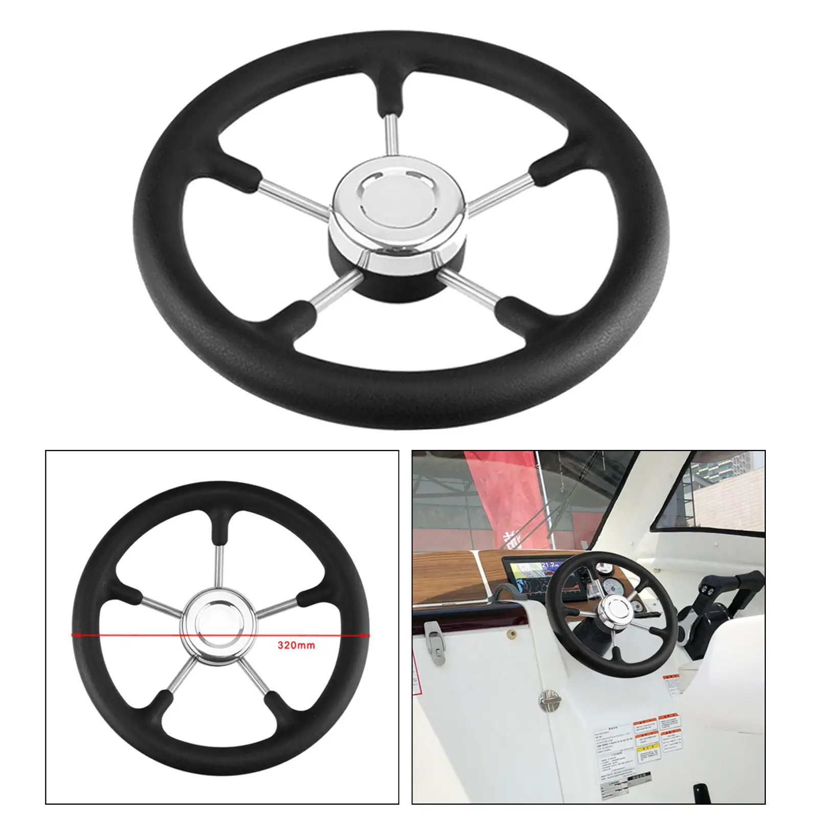 Marine 320mm 12.6 inch Boat Steering Wheel 3/4' Shaft Vessels Yacht 15 Degree Dish Polyurethane