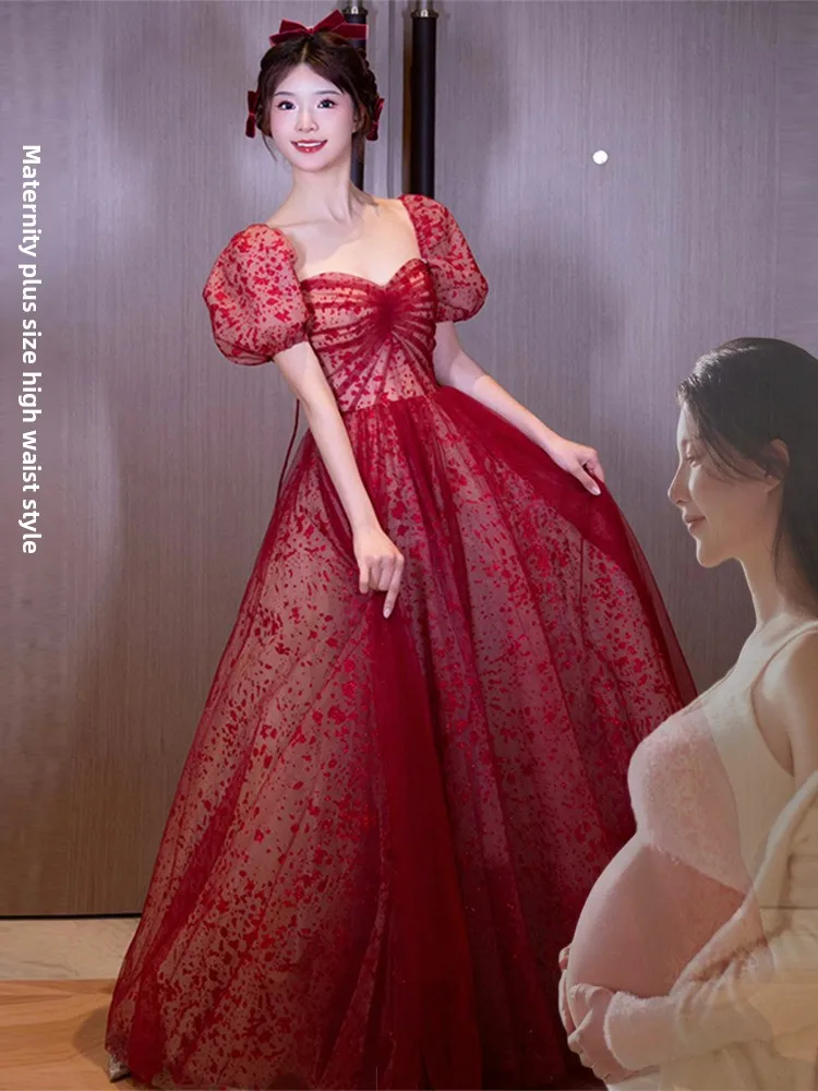 Vestido de novia color vino tinto, talla grande, con mangas abullonadas, para boda, compromiso, ceremonia de regreso a casa, ...