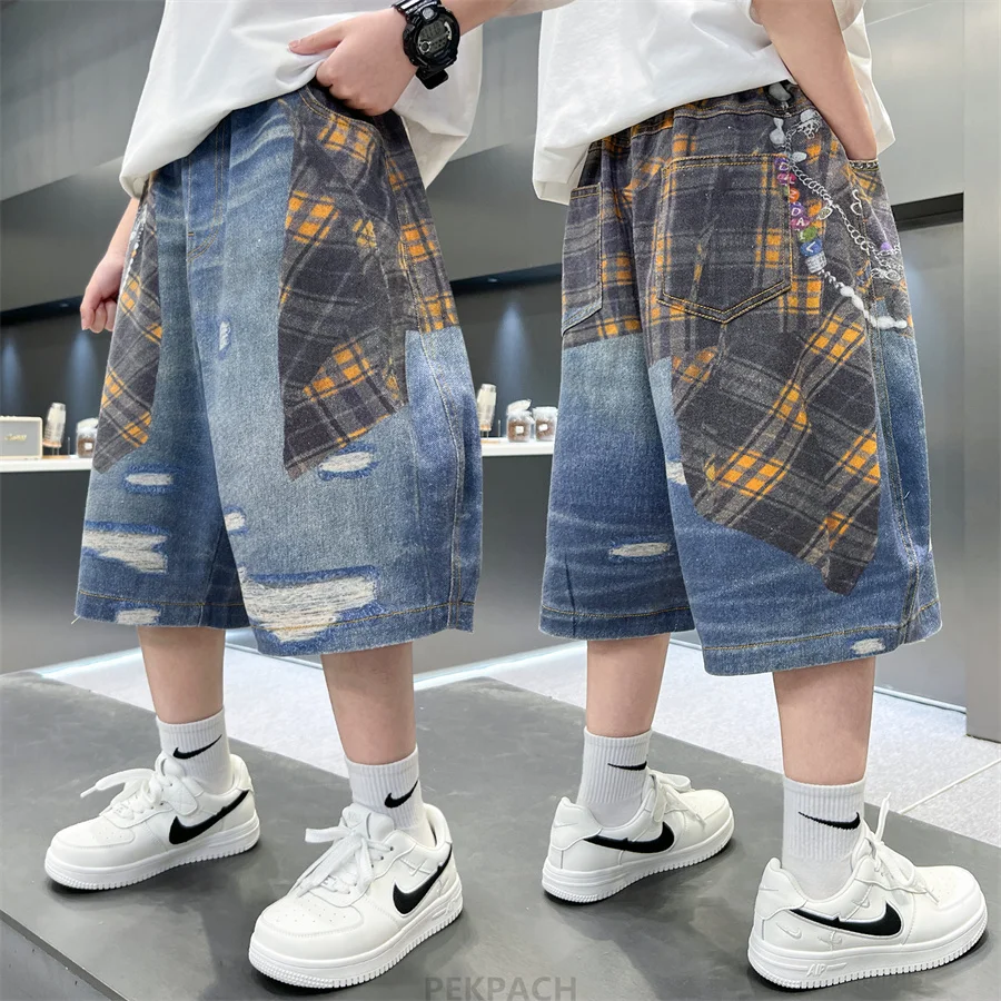 

Kids Summer 3D Plaid Print Denim Shorts for Tweens Boy Casual Mid-Calf Jeans Children Fashion Street Bottoms Short Pants 5-14Yrs