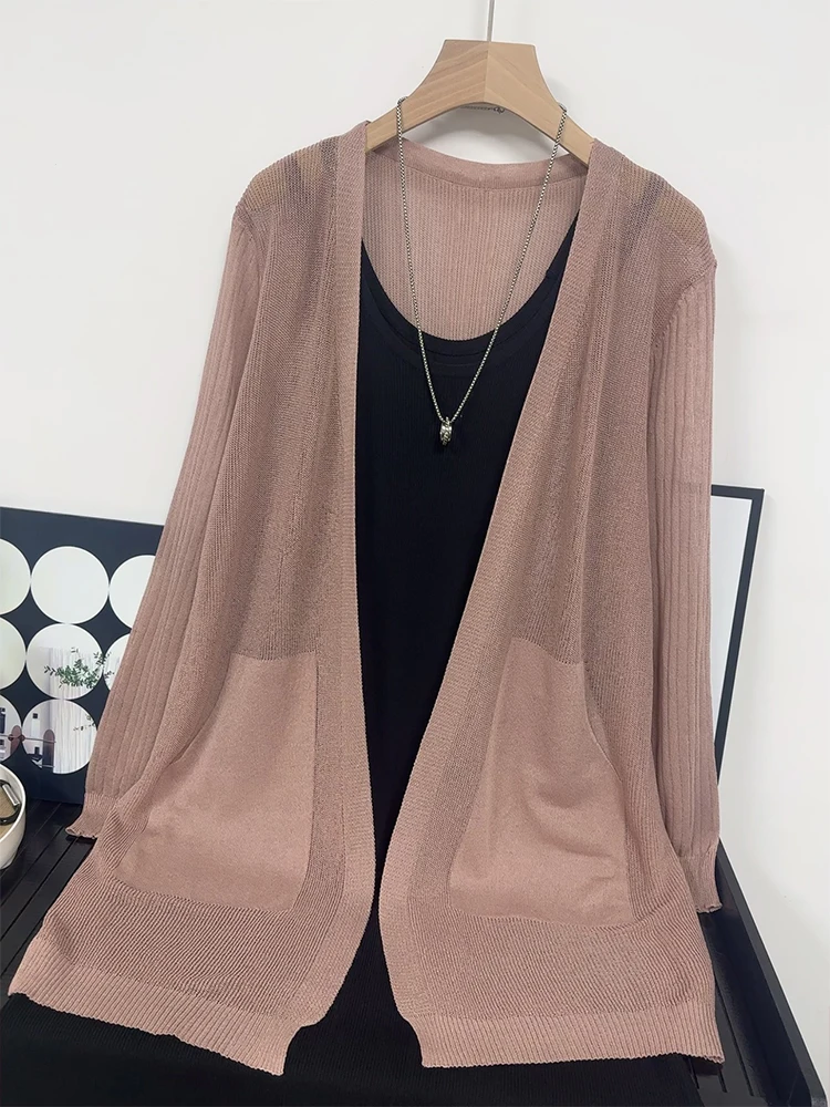 High Quality Summer New Ice Silk Knitted Mid Length Cardigan Women's Loose Sun Protection Shirt Thin Air-conditioned Shirt