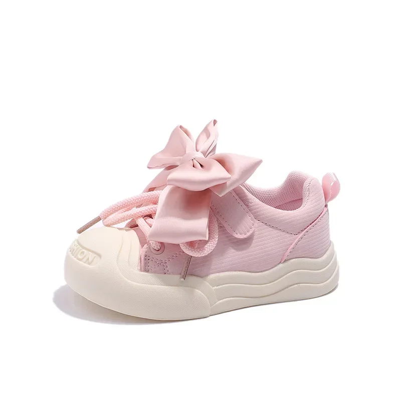 Dziewczyna dziecko buty sportowe różowy beżowy maluchy szkolne obuwie moda Bowknot dziecięce buty do biegania tenisówki grube dno antypoślizgowe