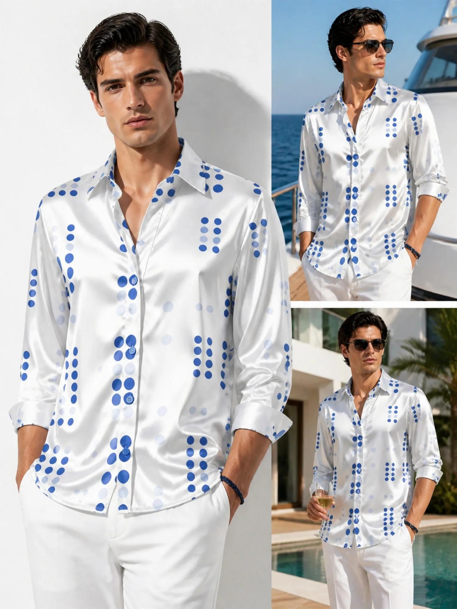 Mens Satin Long Sleeve Button Down Printed Dress Shirt Polished Glossy Fabric Daily For Business Commute Office Work Everyday We