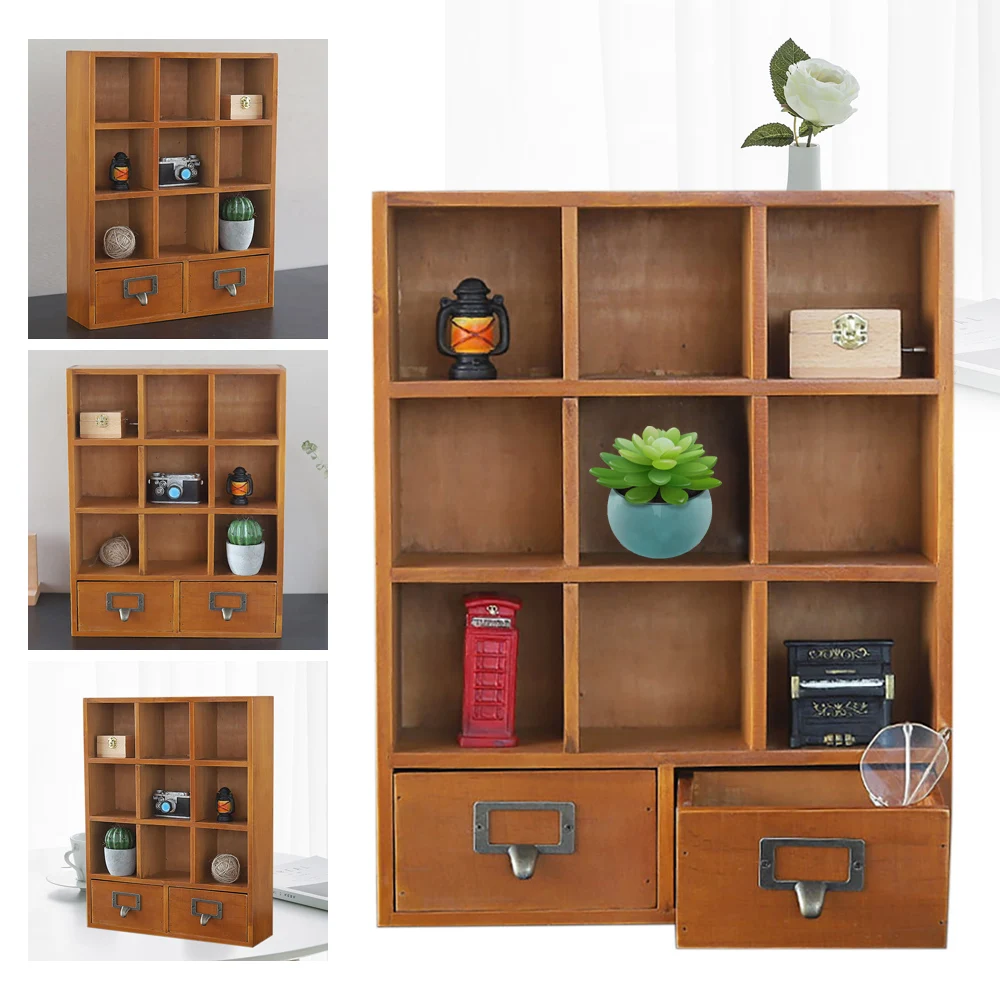 

Wooden Display Cabinet, 9 Compartments and 2 Drawers, Vintage Brown Finish, Wall Mount or Freestanding, for Collectibles Objects