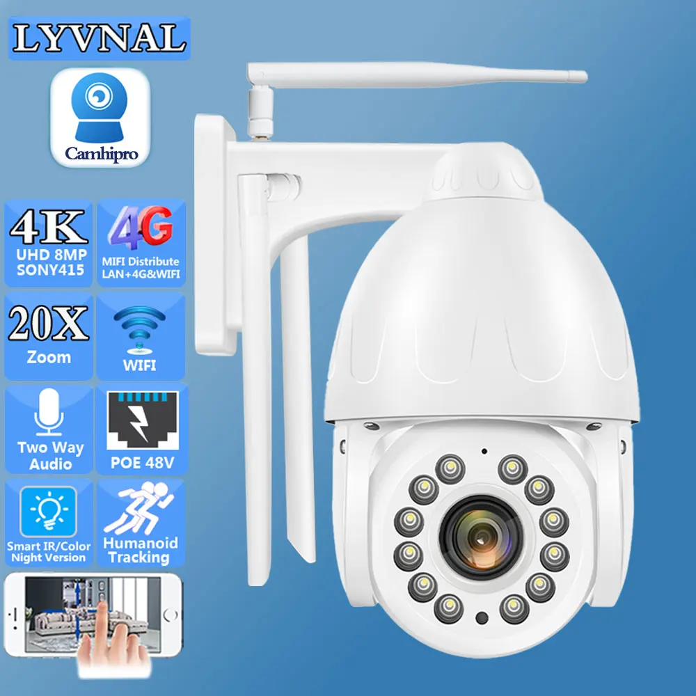 

SO-NY415 4K 8MP Wireless Security IP Camera Wifi/4G SIM/POE PTZ Dome 20X Zoom Human Tracking IR/Color Night Vision Two Way Audio
