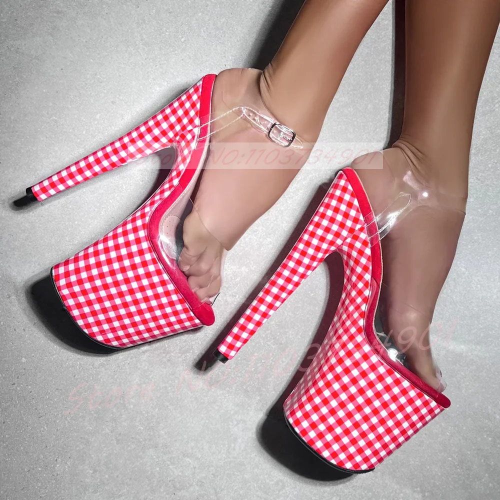Women 20CM Extra High Heels Sandals Red Gingham Print Platform Peep-Toe Clear Ankle Strap Shoes Party Lovely Sexy Sandals