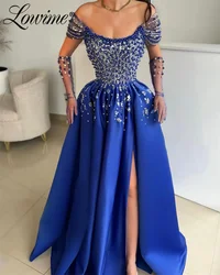 Royal Blue Beaded Aso Ebi Crystals Puffy Prom Dresses Satin Evening Party Second Reception Birthday Engagement Gowns With Split