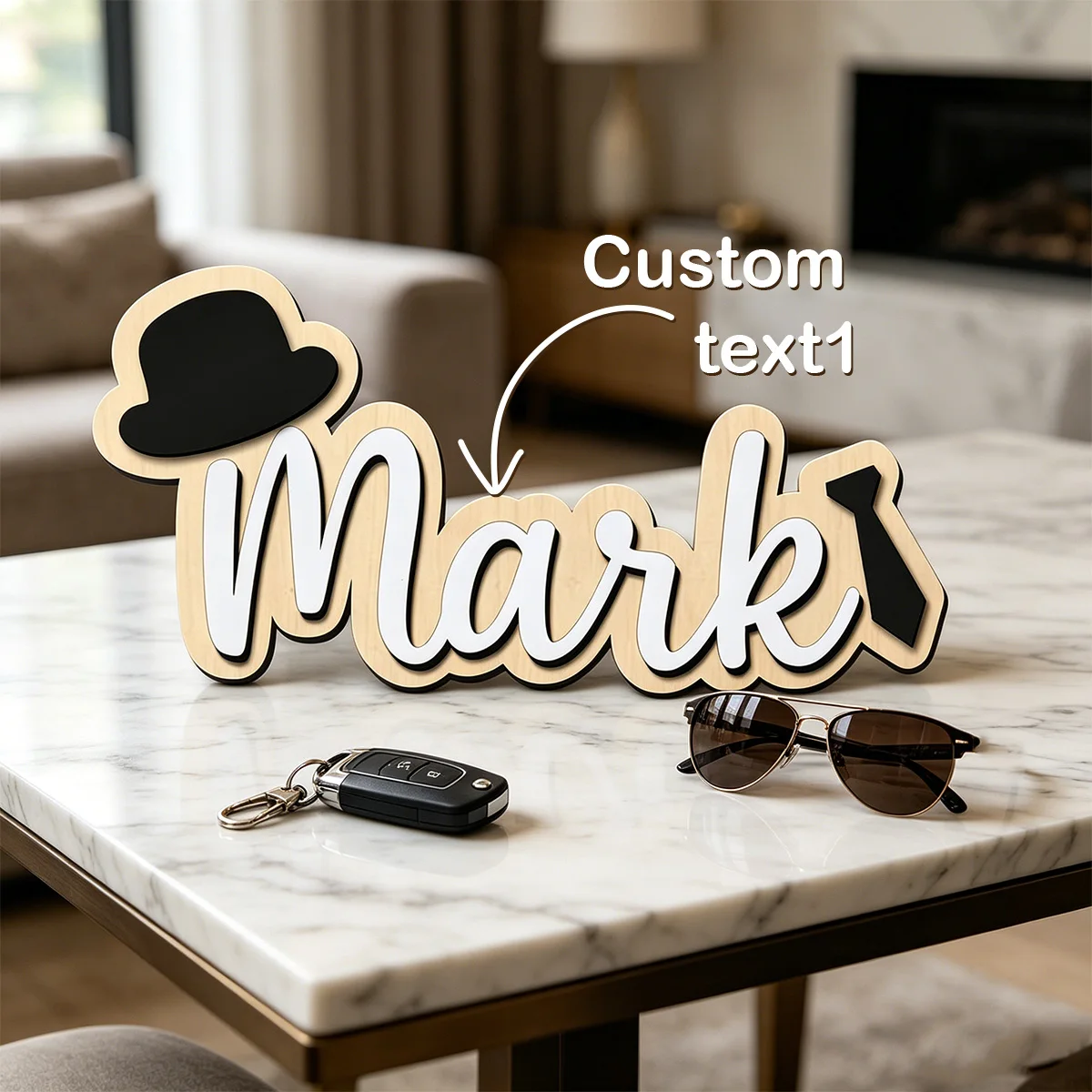 1pc Customizable Double-layer Wooden Decorative Plaque, Top Hat and Tie Combination Pattern, Door Decoration, Adult Gift