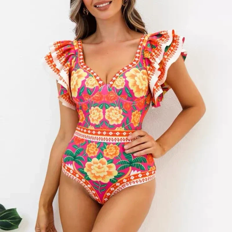 One Piece Women Swimsuit Swimwear Cover-up Swimsuit Ruffle Printed Deep V One-piece Monokini Kimono Bikini Suit Summer Beachwear