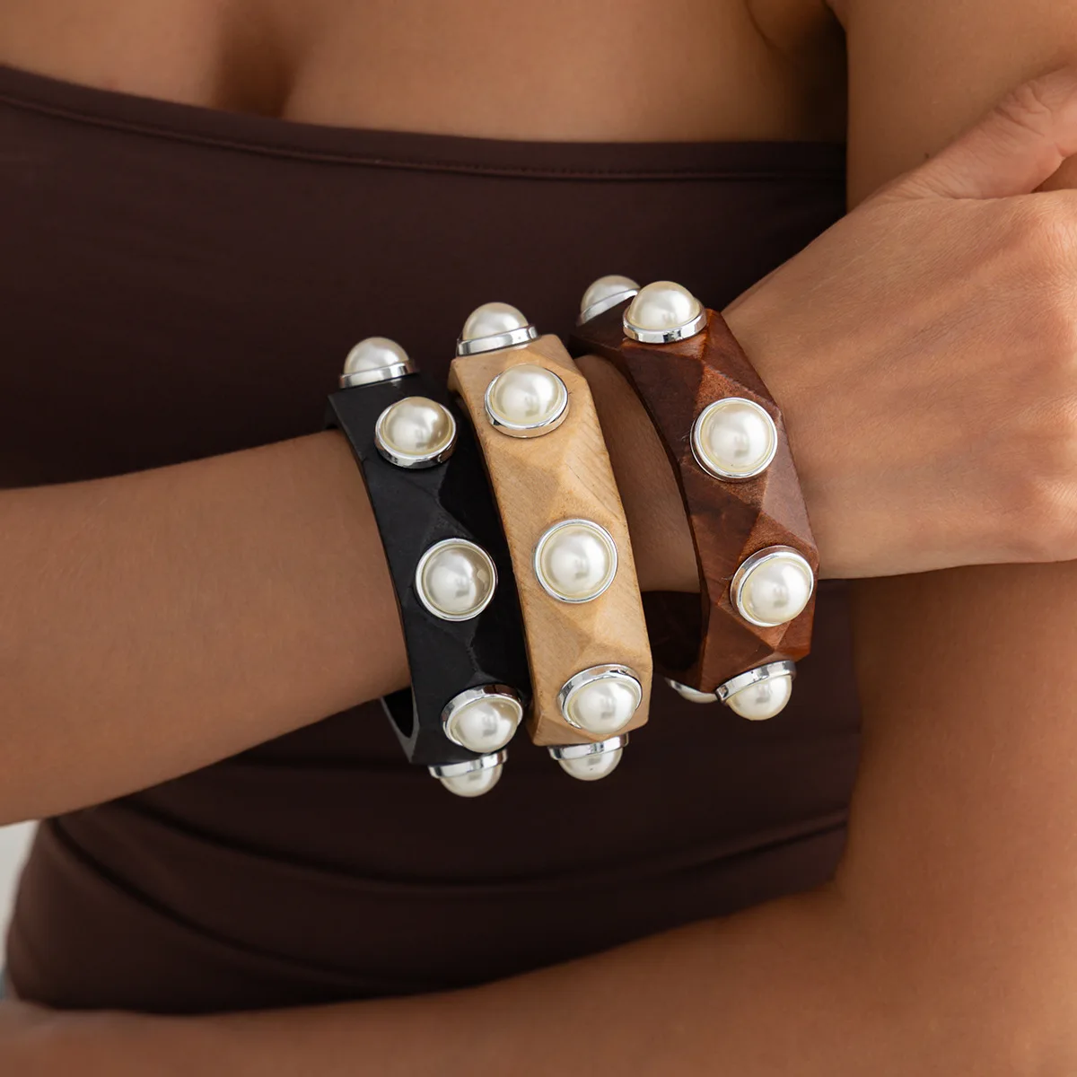 Bangle Wooden Faceted Textured Micro Pave Imitation Pearl Western American Vintage Comfortable Durable Jewelry for Women