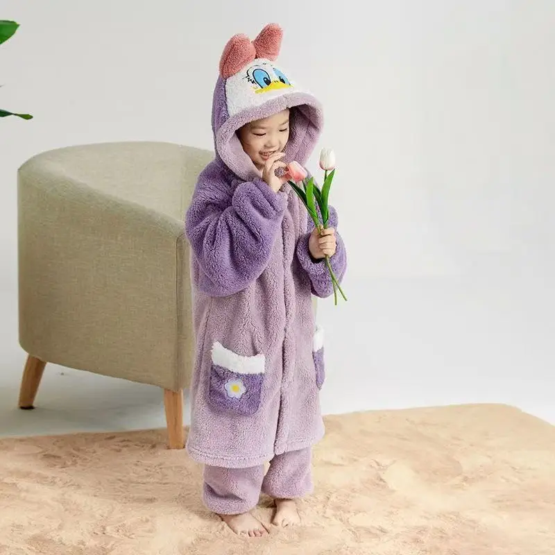 2-pcs-ruffle-hem-soft-warm-cute-trendy-kids-sleepwear-costume-for-girls-child-pajamas-anime-cartoon-kawaii-stitch-plush-hooded