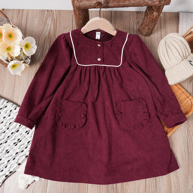 Autumn Retro Burgundy Corduroy Dress For Girls New Christmas Party Long Sleeved Loose Princess Dresses Vestido Infantil Menina