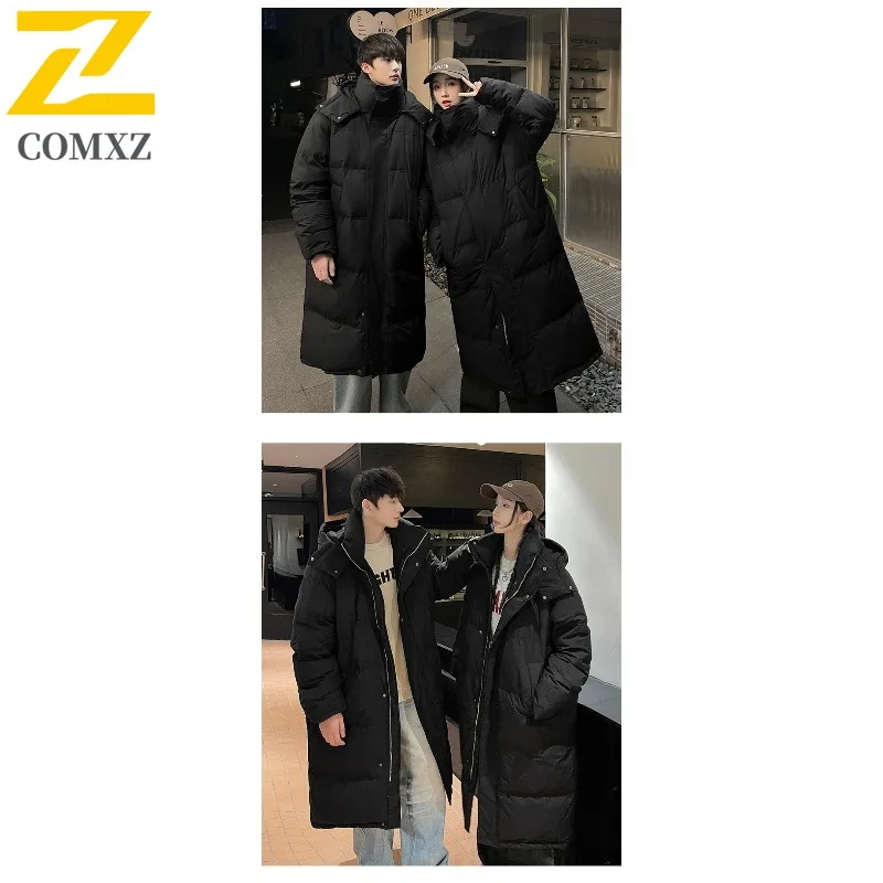 COMXZ Men Winter Jacket 2025 Light Luxury Hong Kong Style Thick Warm Loose Skiing Puffer Jacket Street Hooded Long Down Jacket
