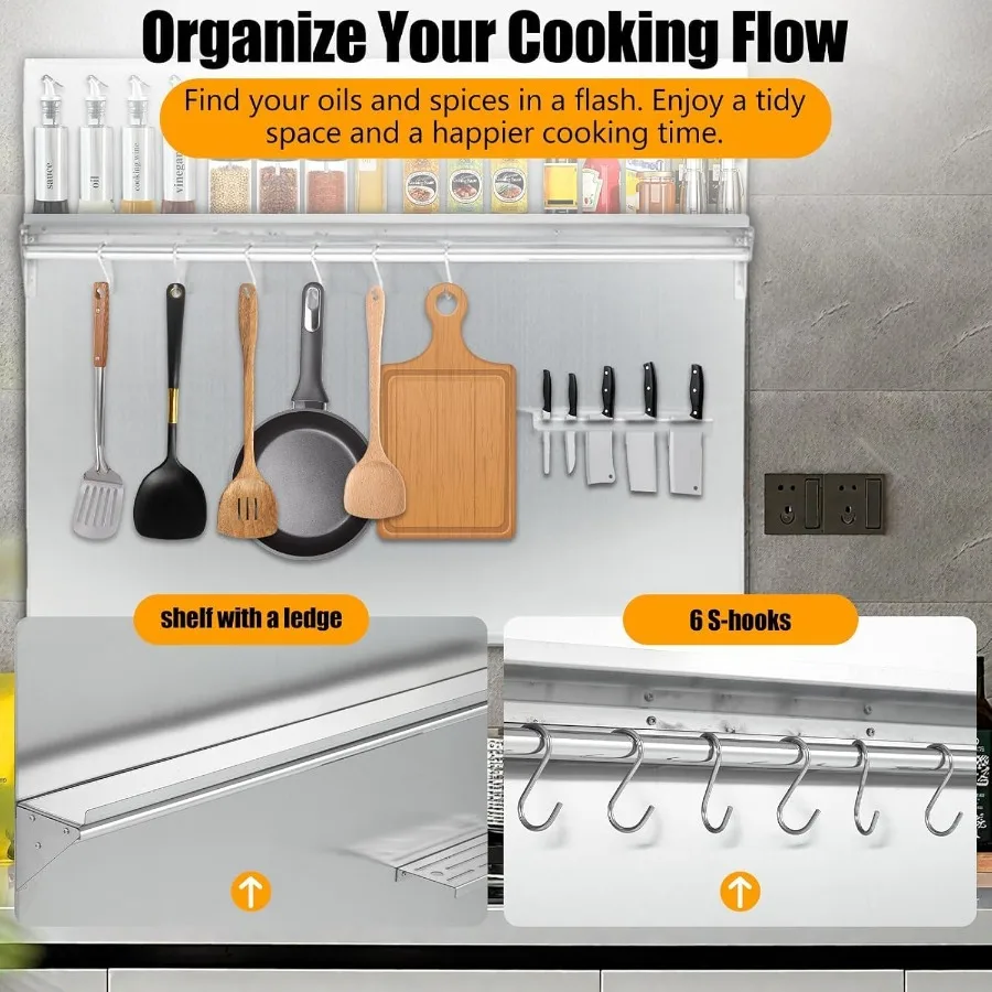 Panel ochronny ze stali nierdzewnej 30x30,7 cm z wbudowaną półką i uchwytem na noże do montażu na ścianie nad okapem kuchennym, montowany na ścianie K