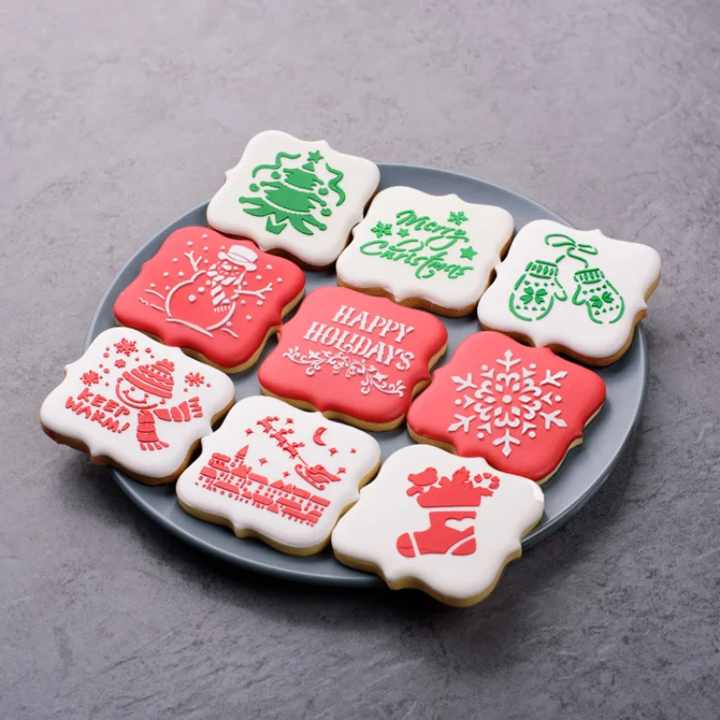 Merry Christmas Cookies Stencil Hollow Coffee Art Template Frosting Biscuits Mold Fondant Cake  Mold Decorating Tools Bakeware