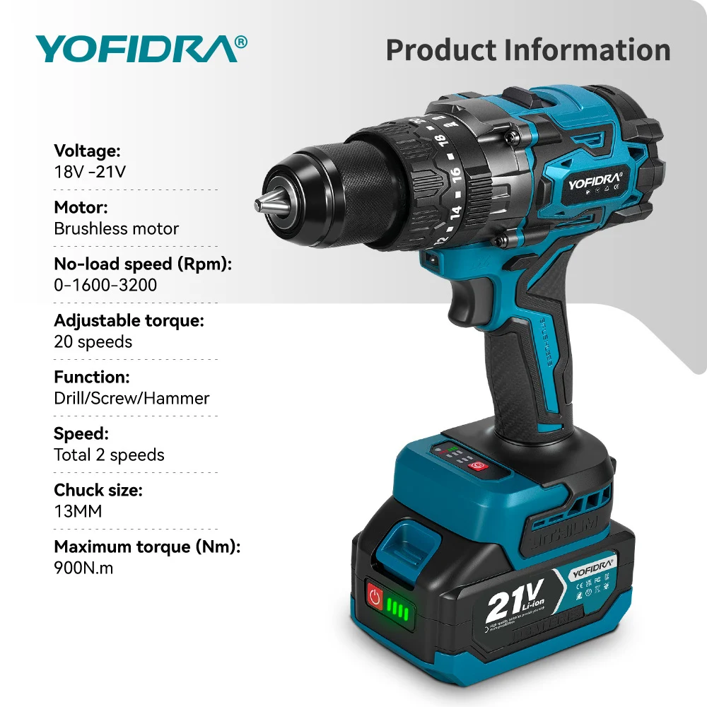 YOFIDRA 900N.M 13MM Bürstenlosen Elektrischen Schlagbohrmaschine 20 + 3 Drehmoment Handheld Bohren Schraubendreher Power Tool Für Makita Batterie pin – Detail 3