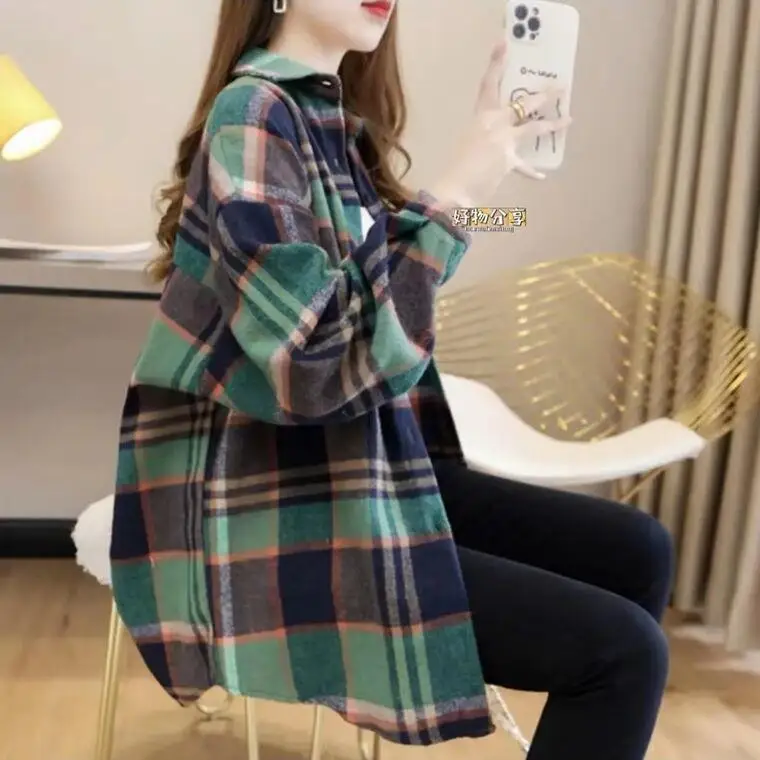 Woolen and Thickened Woolen Plaid Shirt for Women Loose Medium to Long Style New Hong Kong Style Versatile Shirt Jacket Trendy