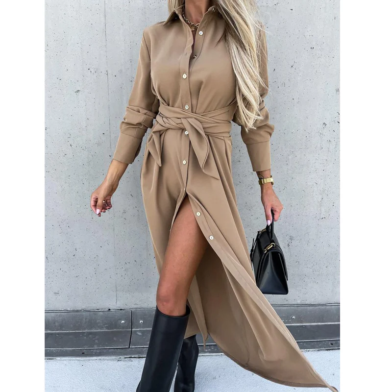 Elegante moda Lace Up Office Lady abiti da pendolare Sexy Split Solid manica lunga monopetto camicia Midi Dress Robe abbigliamento