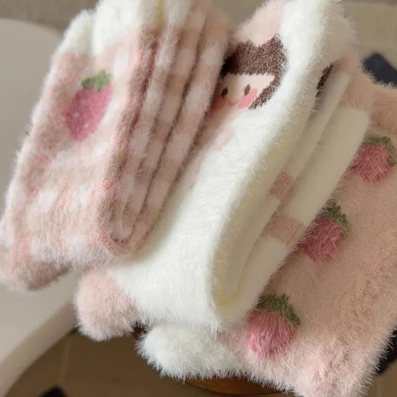 

Rabbit Velvet Socks Children's Autumn and Winter Thick Warm Socks Floor Socks Plush Soft Breathable Pink Strawberry Girl Socks