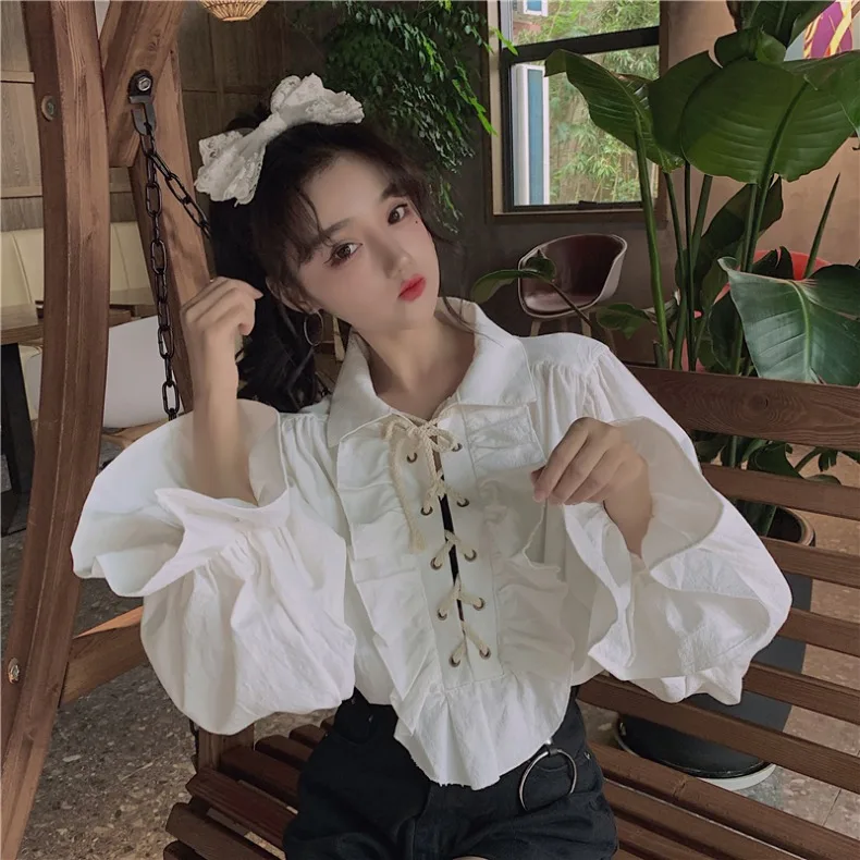 Women Retro Blousers Ruffles Lolita Floral Drawstring Shirt Medieval Blouses Gothic Lolita Blouse Victorian Women Ladies Shirt