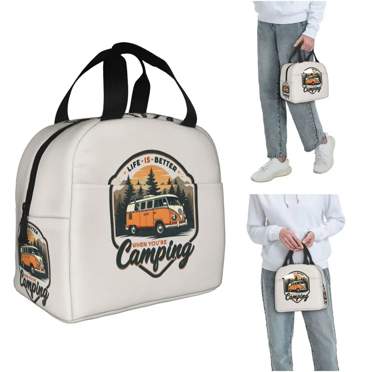 CamperVan Happy Camper Insulated Lunch Bag for Women Children Leakproof Food Boxes Thermal Lunch Box Tote