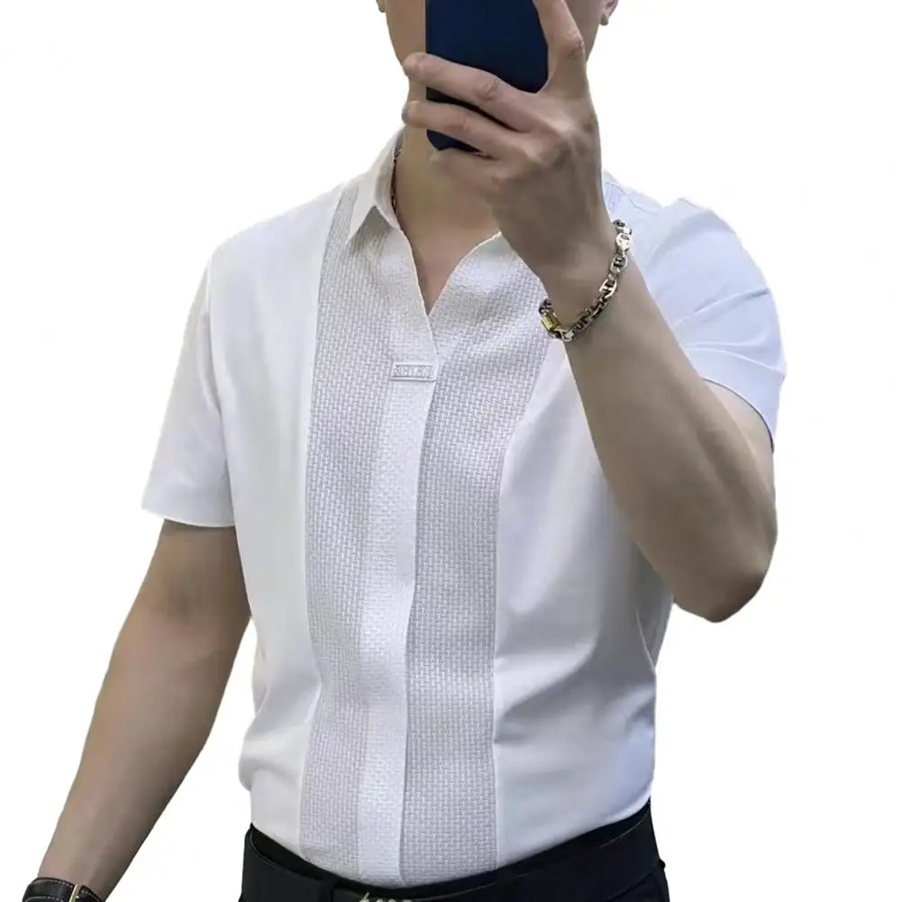 

Men Summer Shirts Turn-down Collar Short Sleeves Solid Color Slim Fit Patchwork Soft Breathable Formal Business Style Men Top