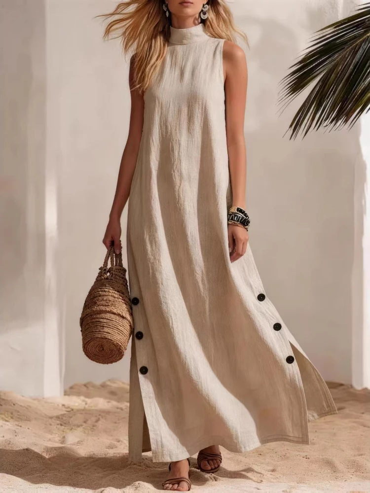 Damen-Kleid aus Leinenmischung, einfarbig, langes Kleid mit V-Ausschnitt, ärmellos, seitlich geschlitztes Kleid, lockeres, lässiges Sommerkleid für den Urlaub, Loungewear, Sommerkleid