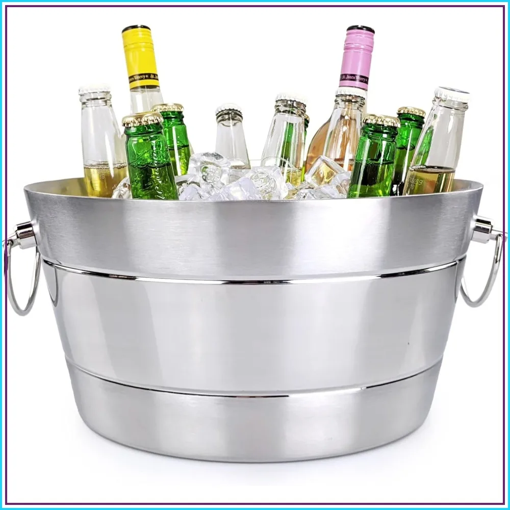

Double Wall Stainless Steel Ice Bucket for Parties, 3 Gallon Leak Proof Drink Tub with Handles, Holds 12-15 Bottles