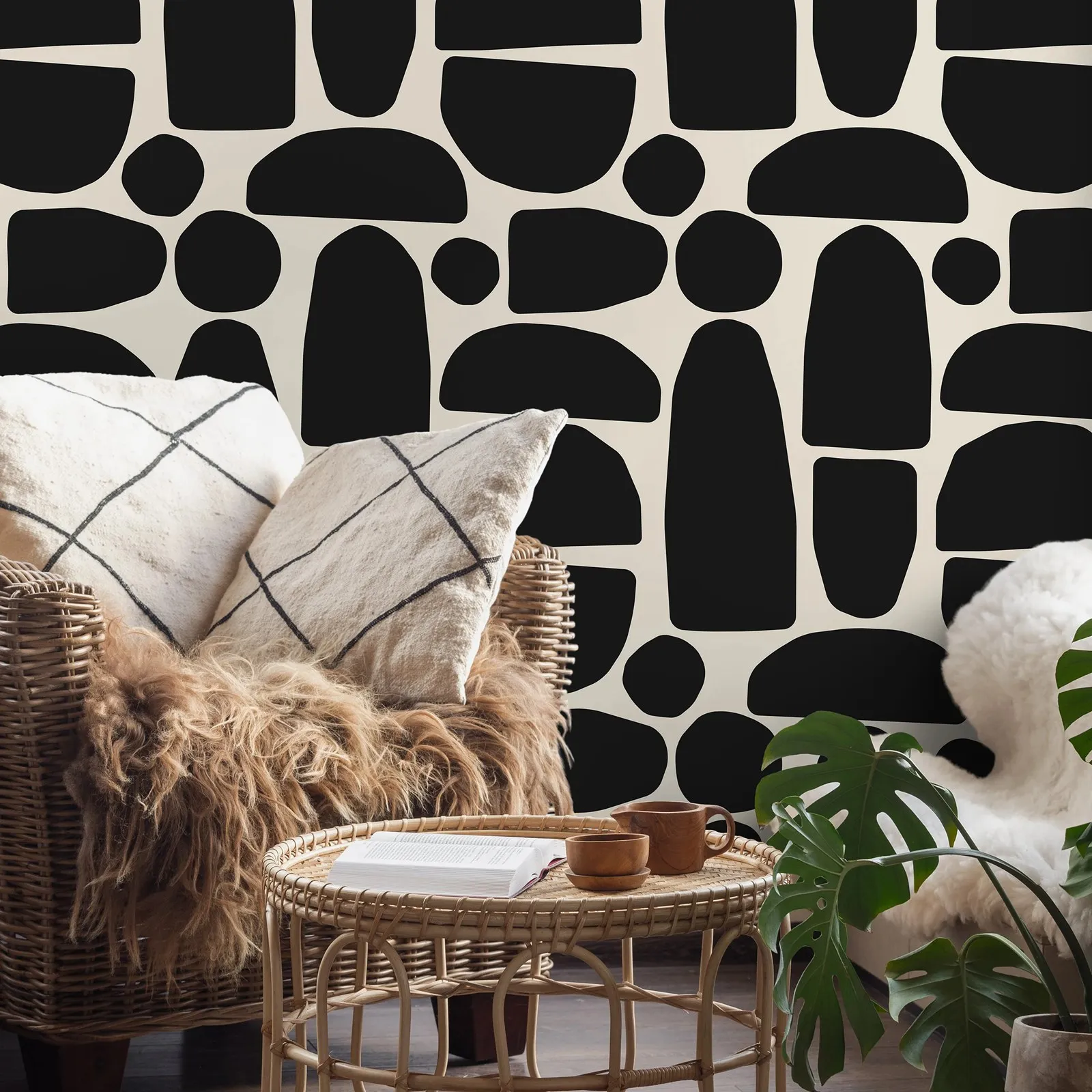 Black and Beige Abstract Wallpaper Peel and Stick,Self-adhesive Or Traditional Geometric Wall Mural For Home Décoration Wall Art