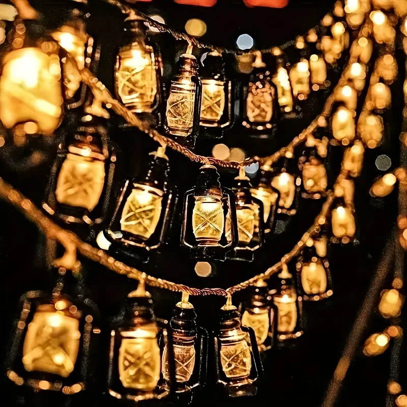 1,5M LED Mini Retro Schwarze Kerosin-Lichterkette Eid Mubarak Stern Mond Palast Laterne Ramadan Halloween Dekoration Feenlicht