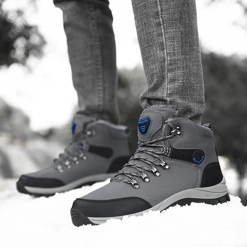

Autumn Winter Mens Plus Size High Top Lace Up Leather Hiking Boots Fleece Lined Warm Outdoor Casual Boots