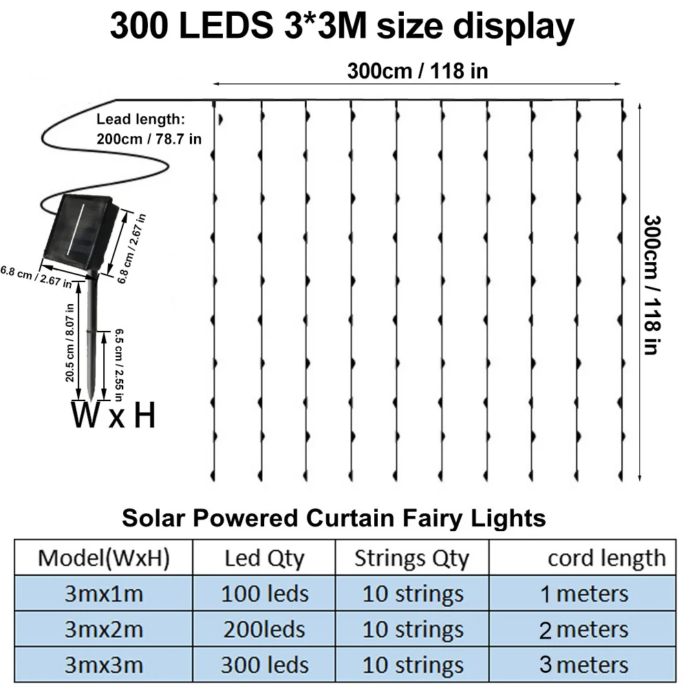 300Leds Solar Curtain String Light Outdoor Waterfall Garland Fairy Lights Garden Halloween Christmas Decoration Holiday Lighting