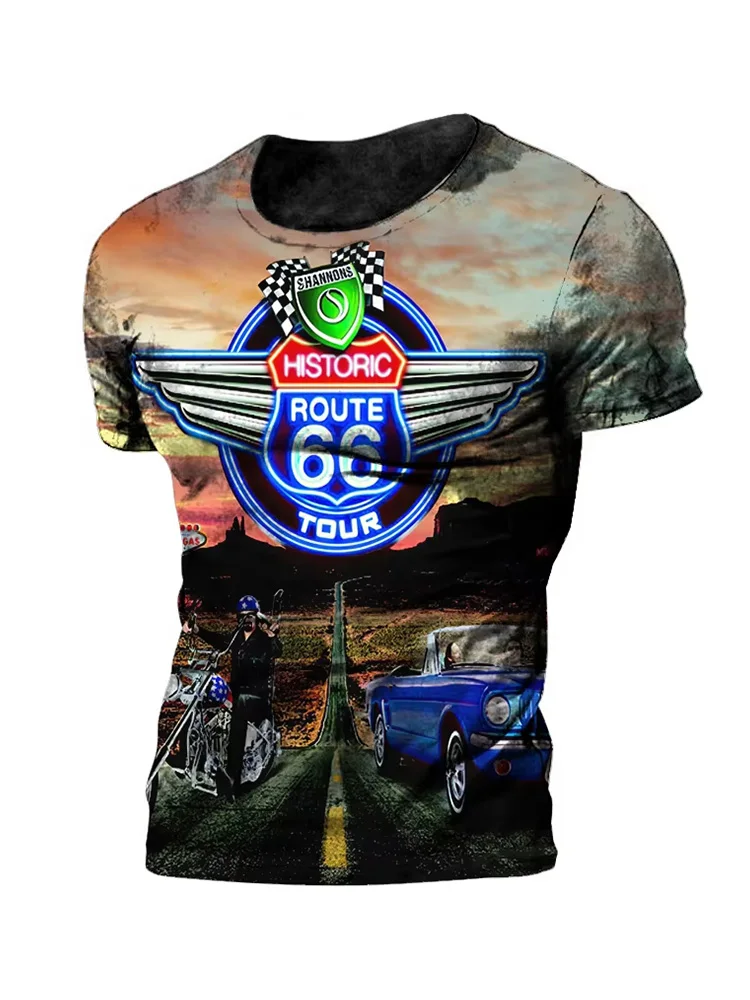 خمر 66 الطريق تي شيرت للرجال ثلاثية الأبعاد مطبوعة السائق موتور الرجال تي شيرت المتضخم تي شيرت الطريق 66 سباق قصيرة الأكمام Camiseta #2