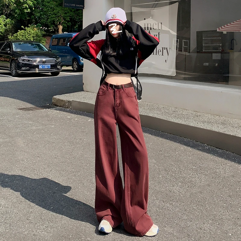 Explosive velvet brick red Maillard autumn and winter American straight loose and thin wide-leg jeans women tall