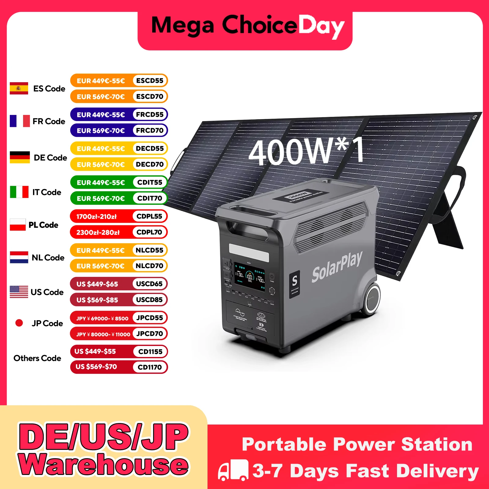 مولد خارجي SOLARPLAY Q3600 بقدرة 3600 وات MPPT محطة طاقة محمولة مع عربة ألواح شمسية قابلة للطي بقدرة 400 وات للتخييم RV