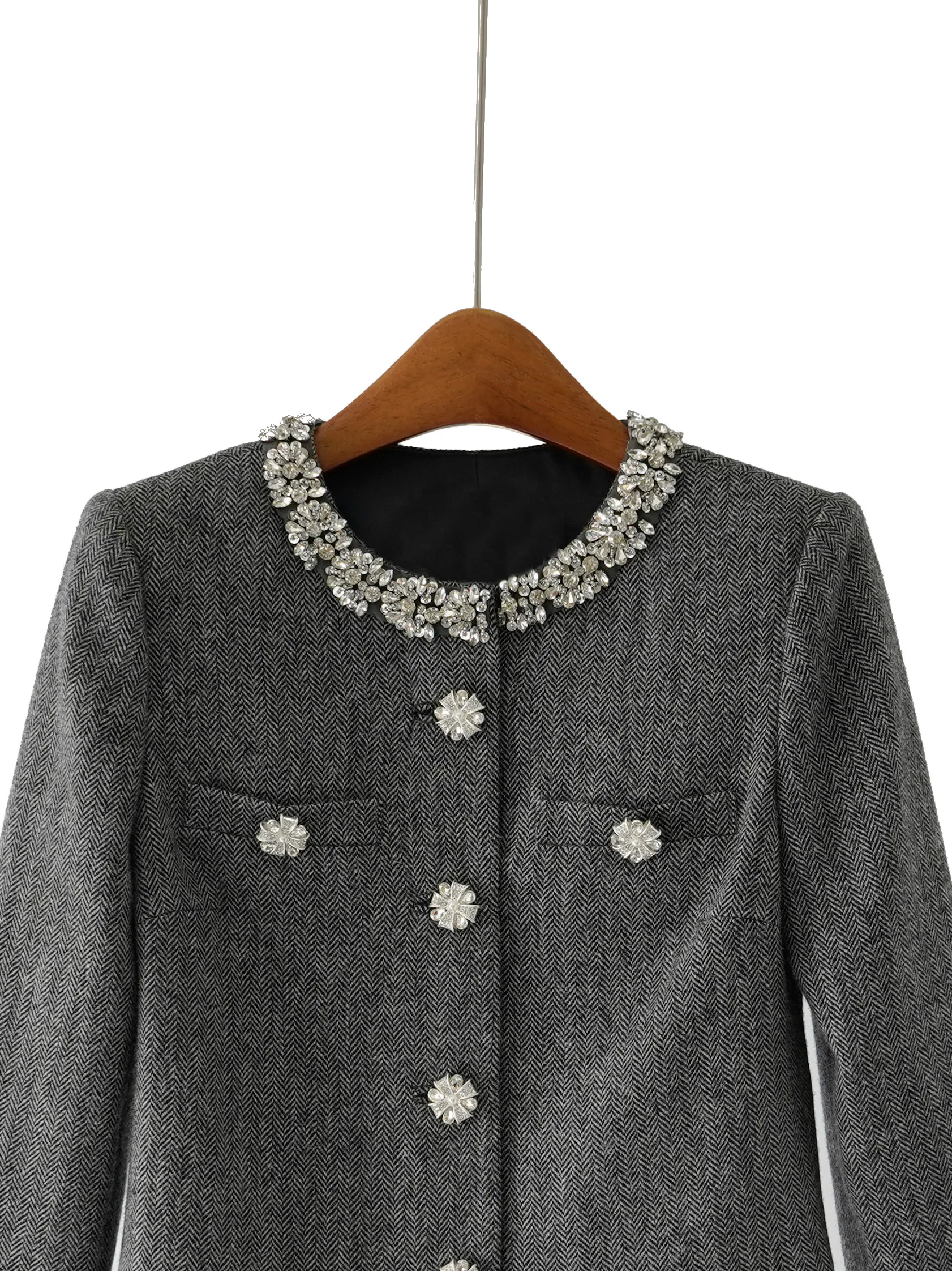 

Элегантное серое шерстяное пальто с декором из разноцветных страз, женское, для повседневной носки, стандартный крой, длинный рукав, круглый вырез, на пуговицах