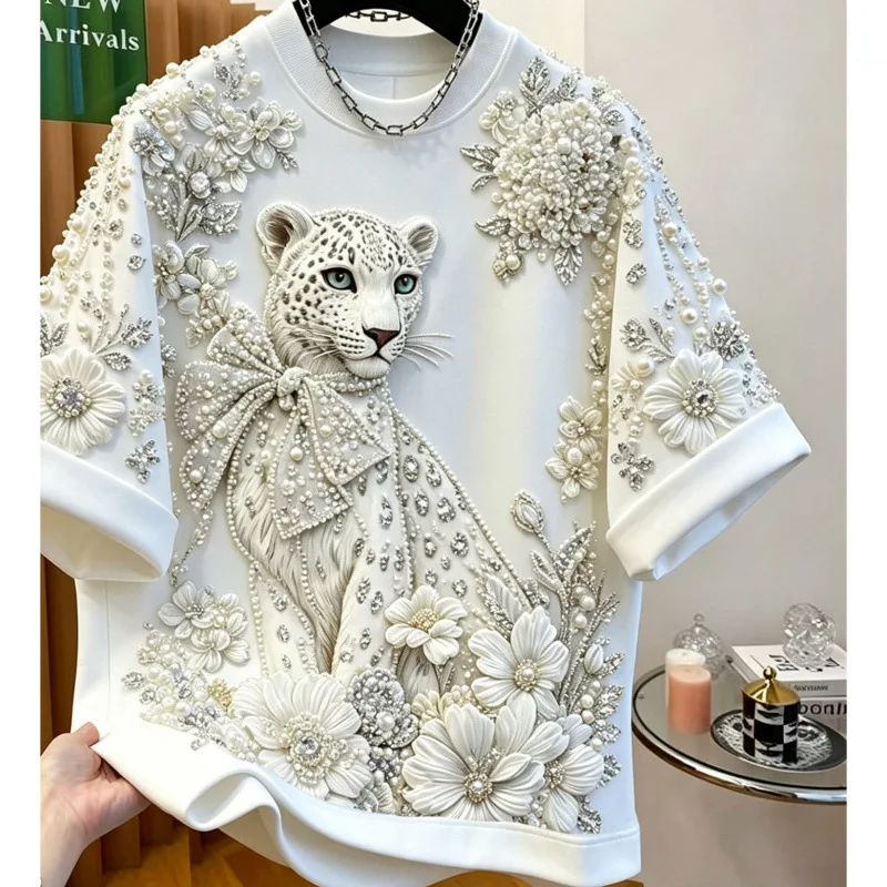 All-match New Spring Summer Loose Women T-shirt Elegant Round Neck White Casual Tees Luxury Diamonds Beads Short Sleeve Tops
