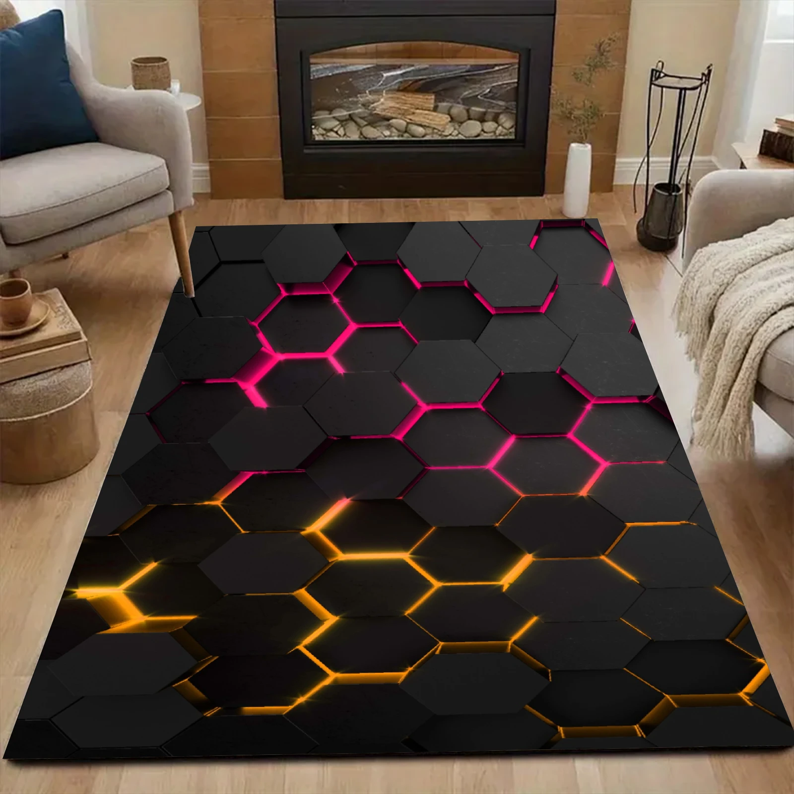 

1pc Black Carpet Visual Geometry Art 3D Printed Living Room Bedroom Decor Non-slip Mat Surface Soft Oversized Carpet ﻿for Gift