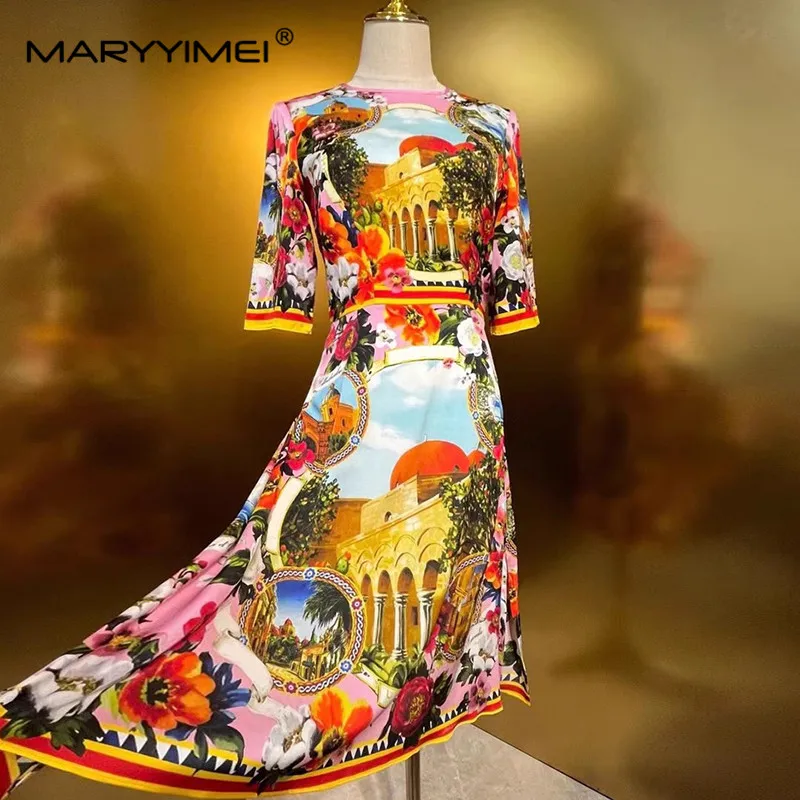 MARYYIMEI Summer Women\'s Dress Fashion Short Sleeve High Waiste Elegant Chic Print Beach Vacation Silk Dresses