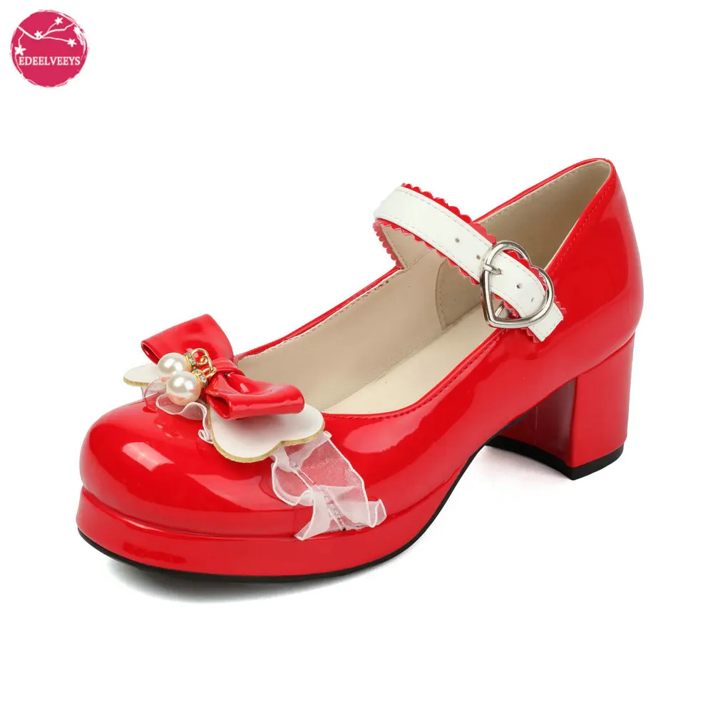 Sweet Lolita Mary Janes Shoes with Cute Lace Bowknot Round Toe Chunky Heels Maid Cosplay Pumps Contrasting Colors Buckle Strap