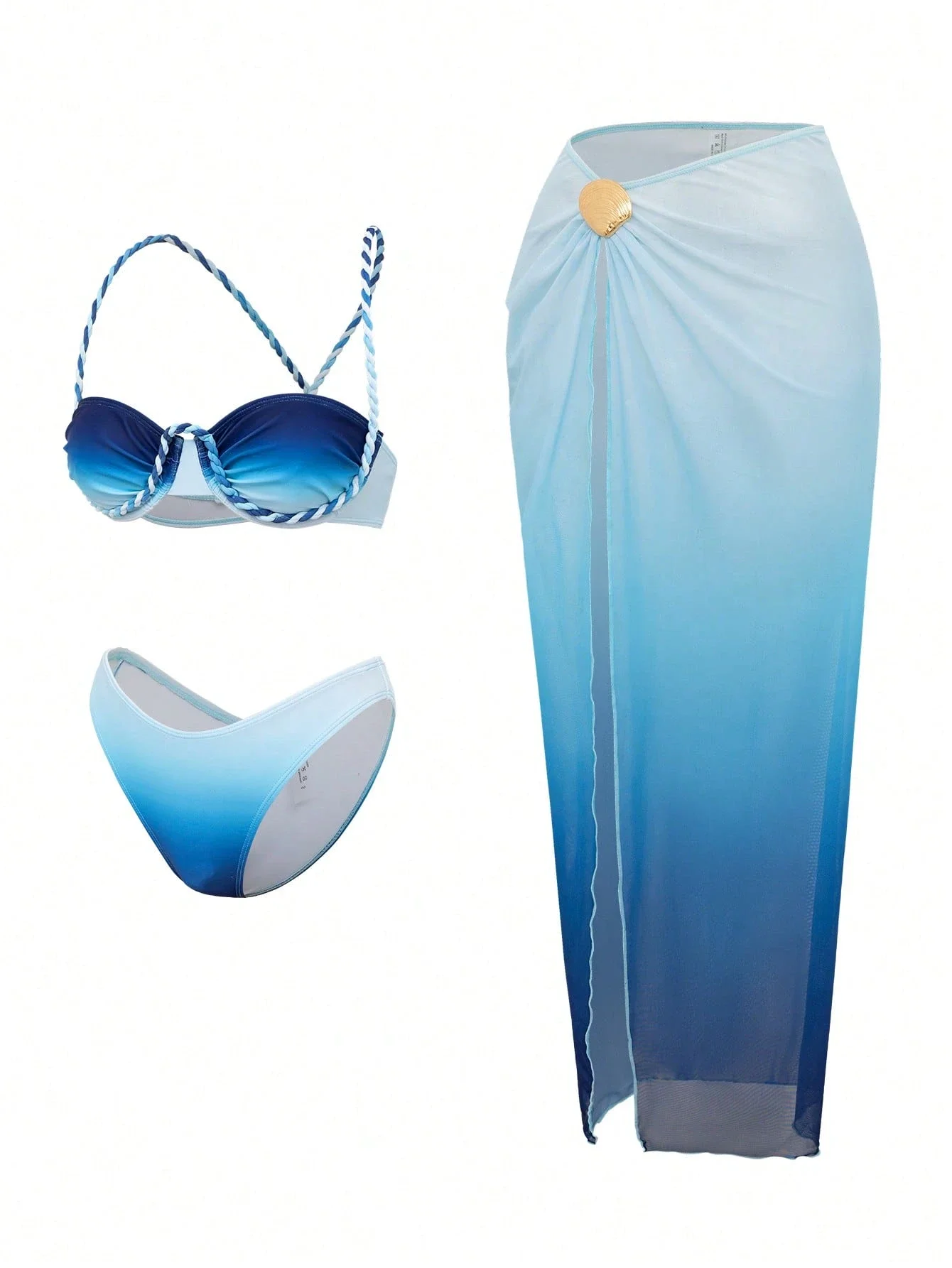 

Женский комплект бикини с градиентной синей расцветкой, плетеными веревочными завязками и сетчатой юбкой