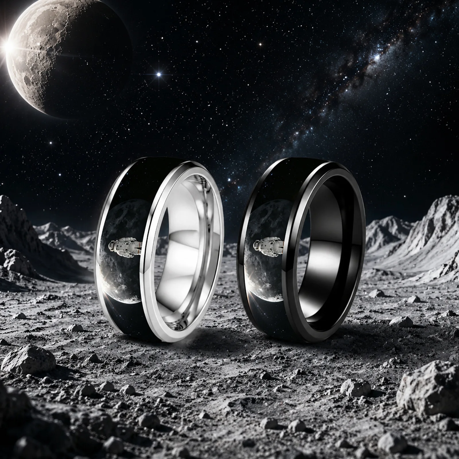 Fashion 8MM Astronaut Stainless Steel Rings Set Polished Wedding Unique Double Beveled Black And White Stainless Steel Jewelry