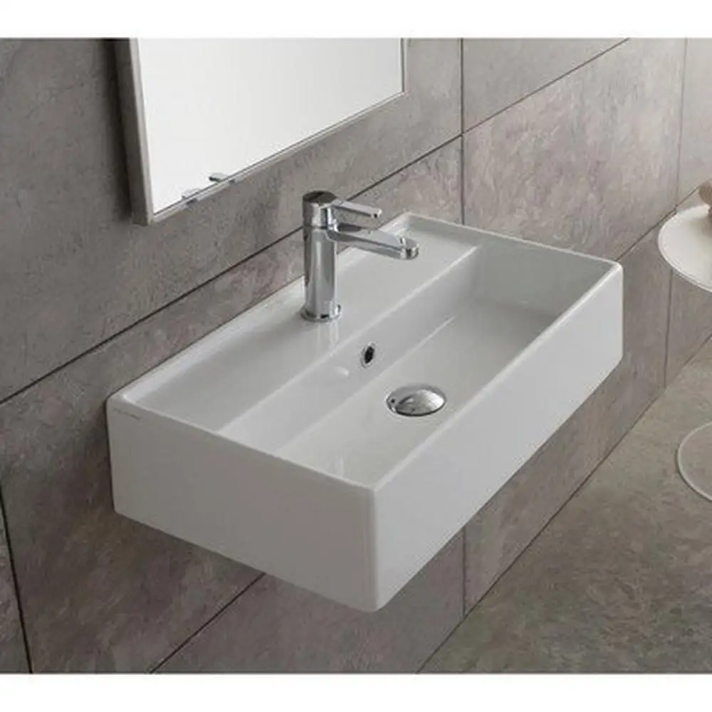 Rectangular White Ceramic Wall Mount Sink Italy-made Vessel Bathroom Fixture